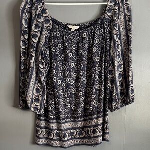 Lucky Brand Navy and Cream Patterned Blouse